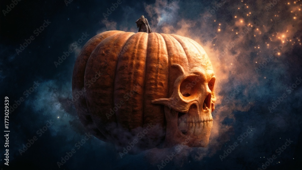 Fototapeta premium A surreal and spooky Halloween concept of a pumpkin with a human skull emerging from it, floating in a dark, misty, and starry cosmic background.