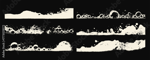 Foam soap texture border set with bubbles and splashes. White grunge overlay of soapy shapes. Vector for bathroom or cleaning themed designs.