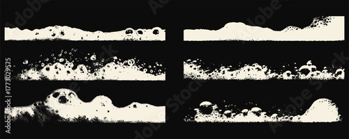 Soap foam border line textures on dark background. Sudsy bubbles and lather edges for bath or cleaning product mockups. Grunge detergent splash design overlay.
