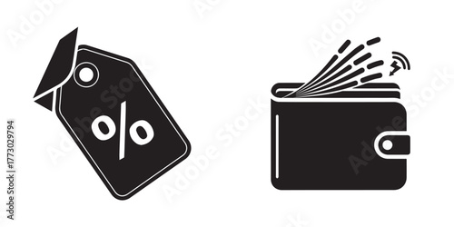 Minimalist Black Icons: Price Tag with Percentage and Digital Wallet