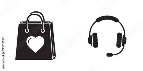 Flat Design Black Icons: Shopping Bag with Heart and Headset