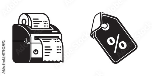 Monochrome Flat Vector Icons: Receipt Printer and Discount Tag