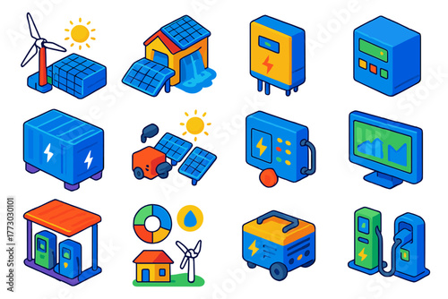 Hybrid Energy Systems. Isometric vector illustration set Hybrid Energy Systems: solar-wind hybrid tower, solar-hydro plant, hybrid