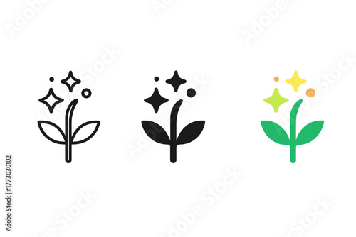 Mystical Herbs Icons. Minimalist mystical herbs icon: three identical mystical herb icons in a row, first in line style with thin