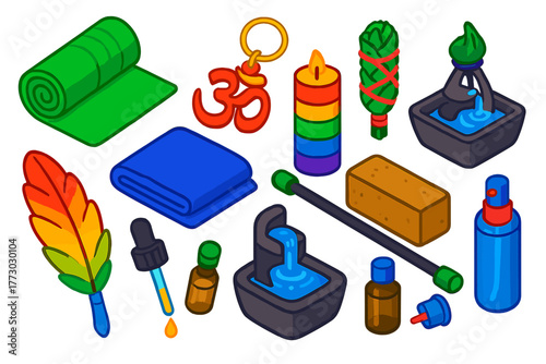 Yoga Essentials Icons. Isometric vector illustration set Yoga and Mindfulness Essentials: eco-friendly yoga mat, OM charm keychain