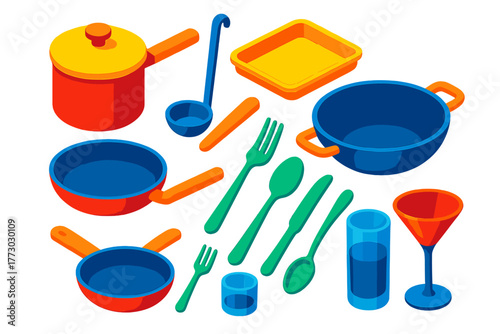 Kitchen Dining Elements. Isometric vector illustration set Kitchen and Dining Elements: saucepan tall, frying shallow, wok wide,