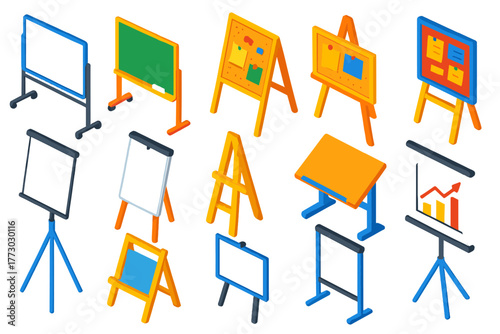 Colorful Stationery Icons. Isometric vector illustration set Stationery: whiteboard, chalkboard, corkboard, pin board, notice