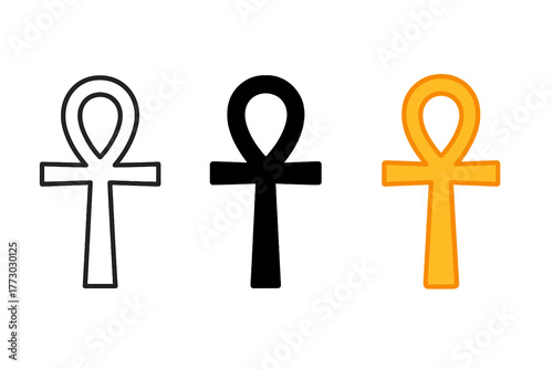 Minimalist Ankh Trio. Minimalist ankh icon: three identical ankh cross icons in a row, first in line style with thin outline,