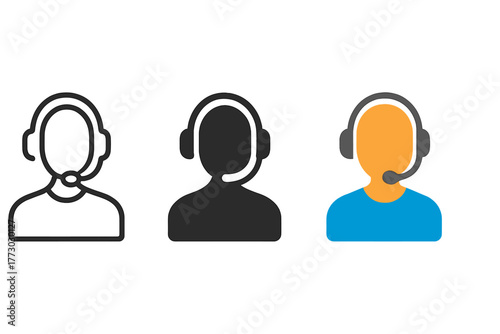 Diverse Attendee Icons. Minimalist attendee icon: three identical people with headset icons in a row, first in line style with