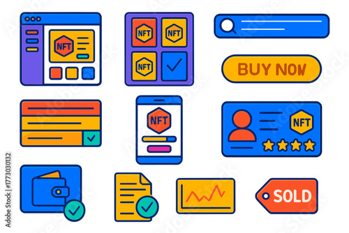 NFT Marketplace Features. Isometric vector illustration set NFT Marketplace Features: marketplace homepage, trending NFTs grid,