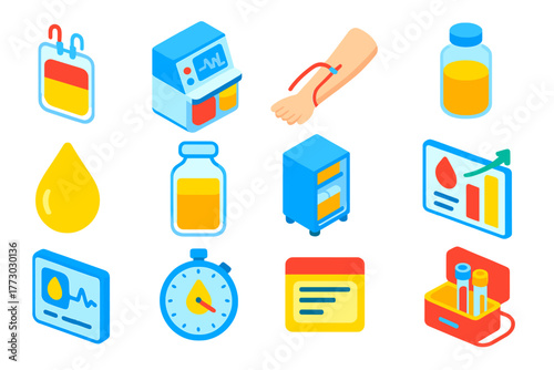 Plasma Donation Icons. Isometric vector illustration set Plasma Donation Icons: plasma bag, plasmapheresis machine, arm with
