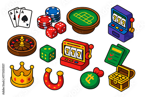 Gaming Essentials Icons. Isometric vector illustration set Gaming: card deck, poker chips, dice, dealer button, playing table,