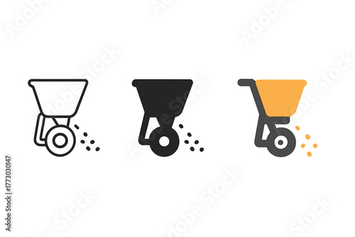 Seed Spreader Icons. Minimalist seed spreader icon: three identical seed spreader icons in a row, first in line style with thin