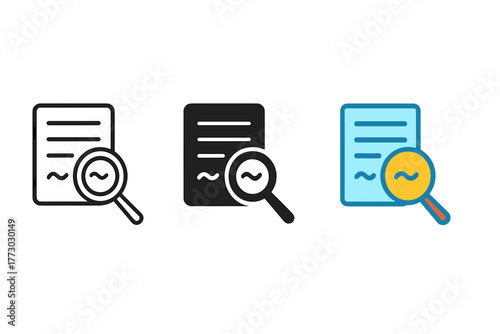 Minimalist Proofreading Icons. Minimalist proofreading icon: three identical magnifying glass over text icons in a row, first in