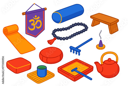 Yoga Essentials Icons. Isometric vector illustration set Yoga and Mindfulness Essentials: suede yoga mat, OM tapestry, bolster