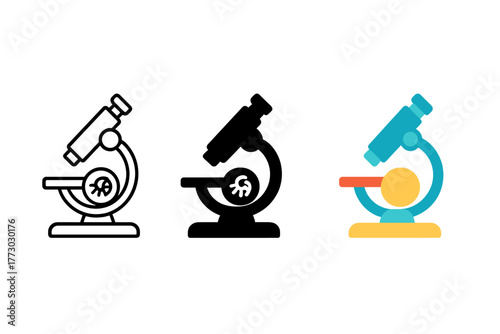 Stylized Microscope Icons. Minimalist research lab icon: three identical microscope with fossil icons in a row, first in line