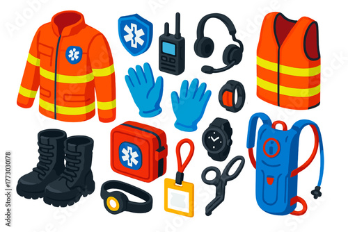 Isometric First Aid Tools. Isometric vector illustration set First Aid and Healthcare Tools: paramedic uniform, medic badge, radio