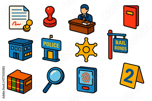 Law and Justice Icons. Isometric vector illustration set Law and Justice: legal agreement, notary seal, lawyer’s office, document
