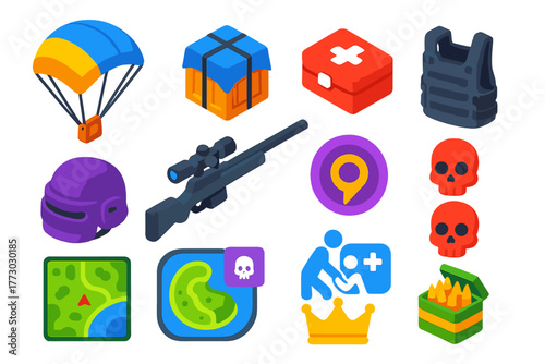Battle Royale Icons. Isometric vector illustration set Gaming: battle royale parachute, supply crate, sniper rifle, medkit,