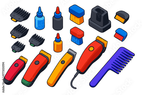 Grooming Tool Icons. Isometric vector illustration set Hairdressing and Grooming Tools: electric clipper guards, clipper oil,