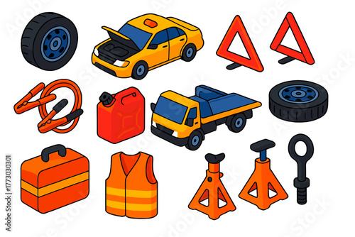 Roadside Emergency Icons. Isometric vector illustration set Roadside Emergencies: flat tire icon, car breakdown sign, tow truck,