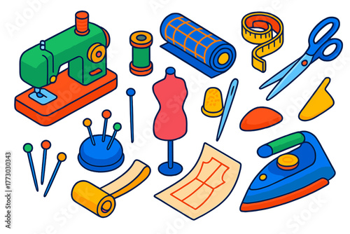 Sewing Tools Icons. Isometric vector illustration set Education: sewing machine, fabric roll, thread spool, measuring tape,