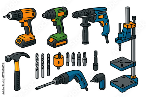 Bright Tool Collection. Isometric vector illustration set Tools: cordless drill, impact driver, hammer drill, rotary hammer, drill