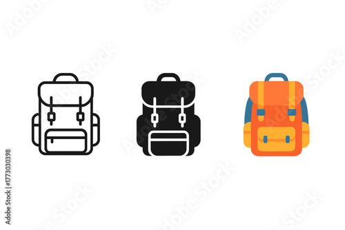 Minimalist Backpack Icons. Minimalist backpack icon: three identical hiking backpack icons in a row, first in line style with thin