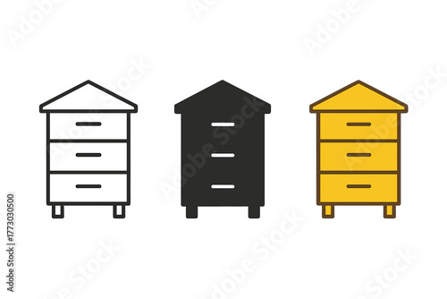 Beehive Maintenance Icons. Minimalist beehive maintenance icon: three identical wooden beehives in a row, first in line style with