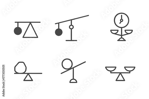Balance Kinetics Icons. Line style icons of Balance and Counterweight Kinetics: counterweight ball, pivoting beam structure, scale