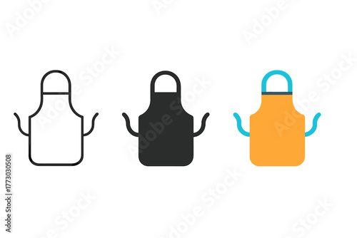 Minimalist Apron Styles. Minimalist apron icon: three identical chef aprons in a row, first in line style with thin outline,