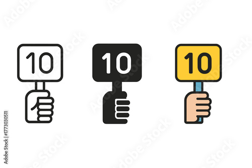 Scorecard Icon Styles. Minimalist judging scorecard icon: three identical scorecards in a row, first in line style with thin