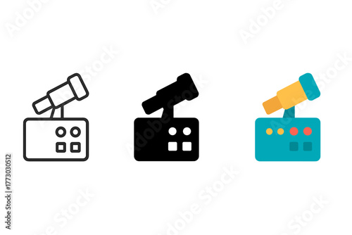 Telescope Control Icons. Minimalist control panel icon: three identical telescope control panels in a row, first in line style