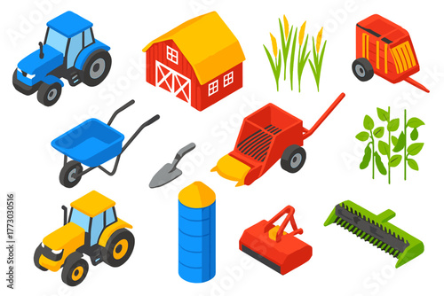 Colorful Farming Icons. Isometric vector illustration set agriculture: blue plowing tractor, modern barn, rice plants, wheelbarrow