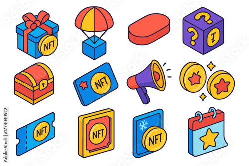 NFT Rewards Icons. Isometric vector illustration set NFT Airdrop and Rewards: gift box NFT, airdrop parachute, claim button,