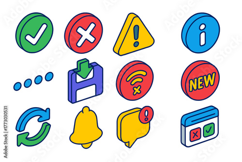 Colorful UI Icons Set. Isometric vector illustration set UI Feedback Indicators: success checkmark, error cross, warning triangle,