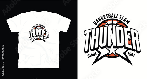 Basketball Team Thunder T-Shirt Design Vector Illustration Sport Apparel Graphic Print Logo Emblem Badge Star Typography Since 1997 Orange White Black