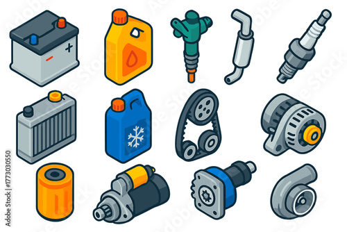 Automotive Energy Icons. Isometric vector illustration set Automotive Energy Icons: car battery, engine oil can, fuel injector,