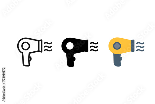 Pet Dryer Icons. Minimalist hair dryer icon: three identical pet hair dryer icons in a row, first in line style with thin outline,