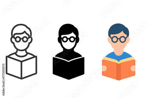 Minimalist Librarian Icons. Minimalist librarian icon: three identical person with glasses and book icons in a row, first in line
