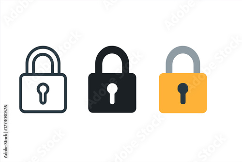 Password Strength Icons. Minimalist password strength icon: three identical padlock with key symbols icons in a row, first in line
