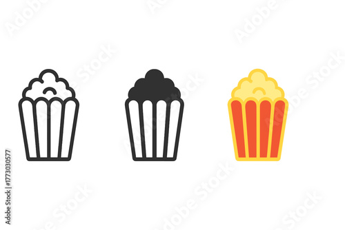 Minimalist Popcorn Icons. Minimalist popcorn icon: three identical popcorn box icons in a row, first in line style with thin