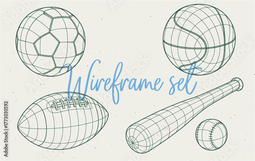 Wireframe Sports Balls Set – Geometric 3D Model Collection