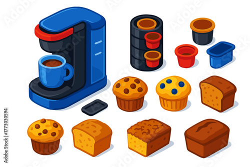 Coffee and Treats. Isometric vector illustration set Coffee Equipment and Breakfast Treats: single-serve coffee maker, pod holder,