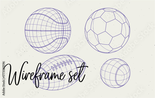 Wireframe Sports Balls Set – Geometric 3D Model Collection