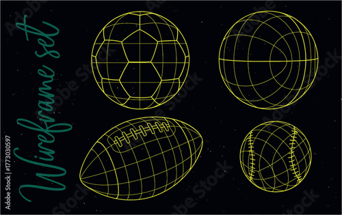 Wireframe Sports Balls Set – Geometric 3D Model Collection