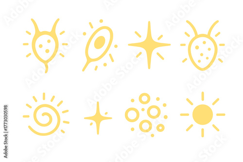 Glowing Marine Icons. Solid style icons of glowing marine organisms: Single Dinoflagellate, Light-Emitting Cell, Spark Particle,