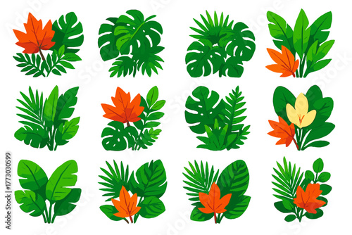 Tropical Leaf Variations. Isometric vector illustration set Tropical and Decorative Leaves: tropical mix with maple, tropical mix