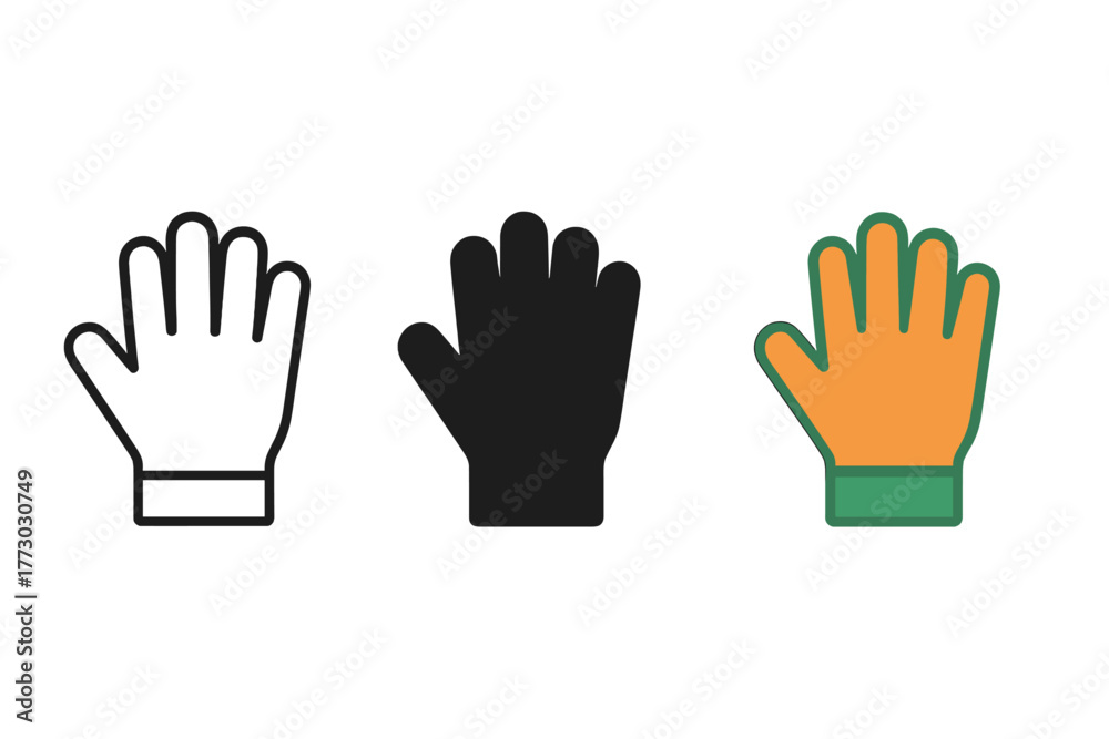 Obraz premium Minimalist Garden Gloves. Minimalist garden gloves icon: three identical gardening gloves icons in a row, first in line style with