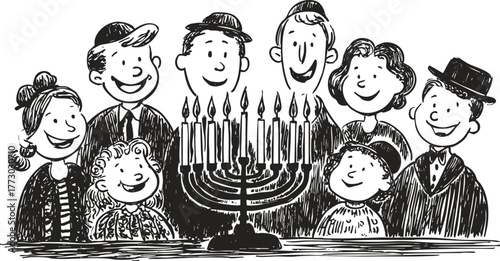 Happy family celebrating Hanukkah with menorah and candles. Vintage hand drawn ink vector for Jewish holiday design.